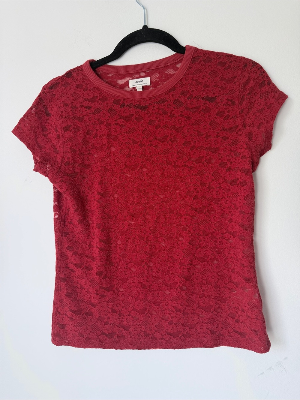 aerie Red Lace Overlay Short Sleeve Tee